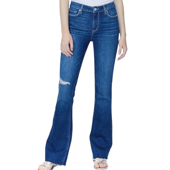 PAIGE Womens High Rise Laurel Canyon Flare Size 33 Raw Hem in Freesia Destructed - Picture 1 of 14